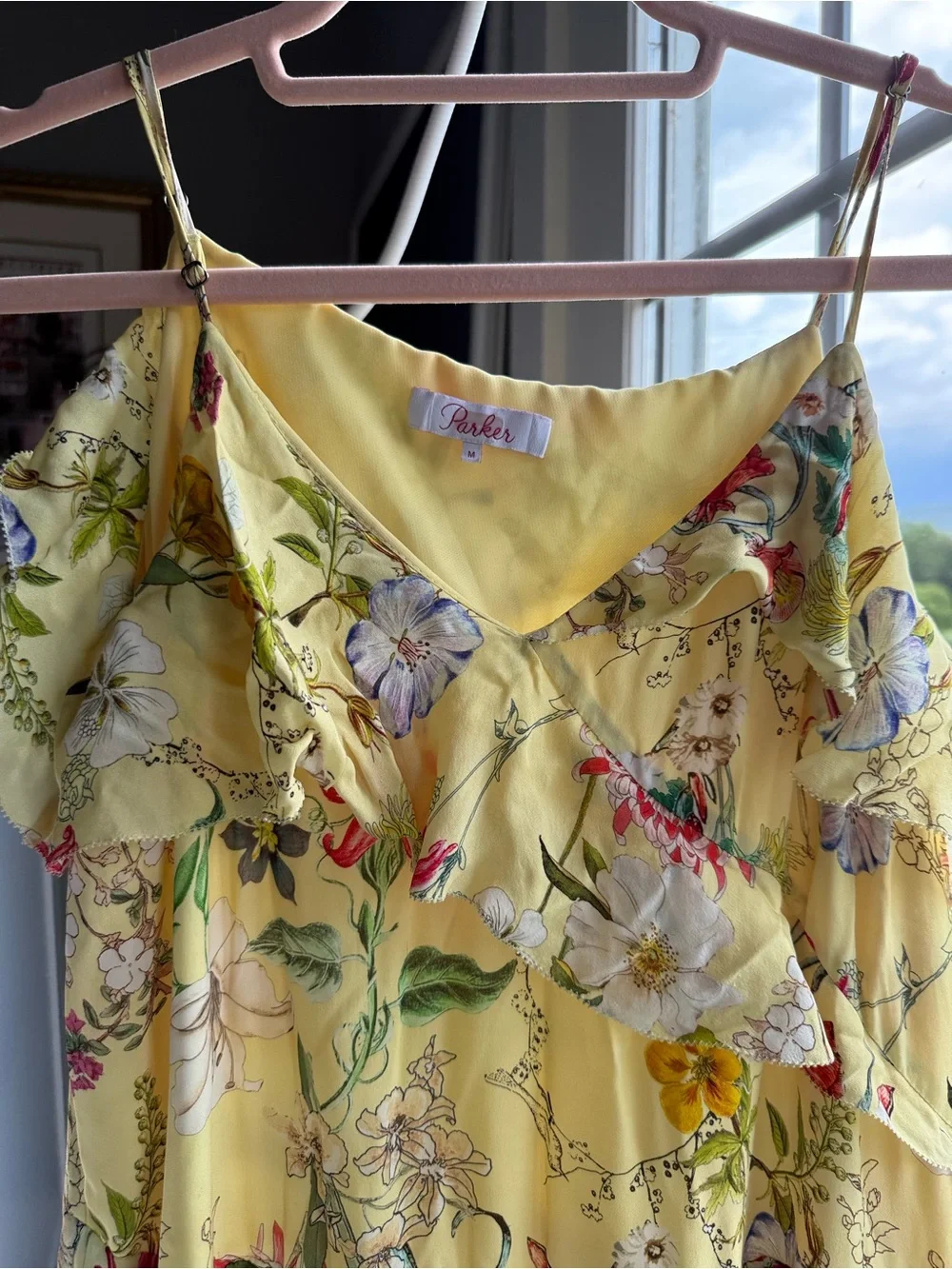 Parker Yellow Floral Ruffle Slip Dress - M